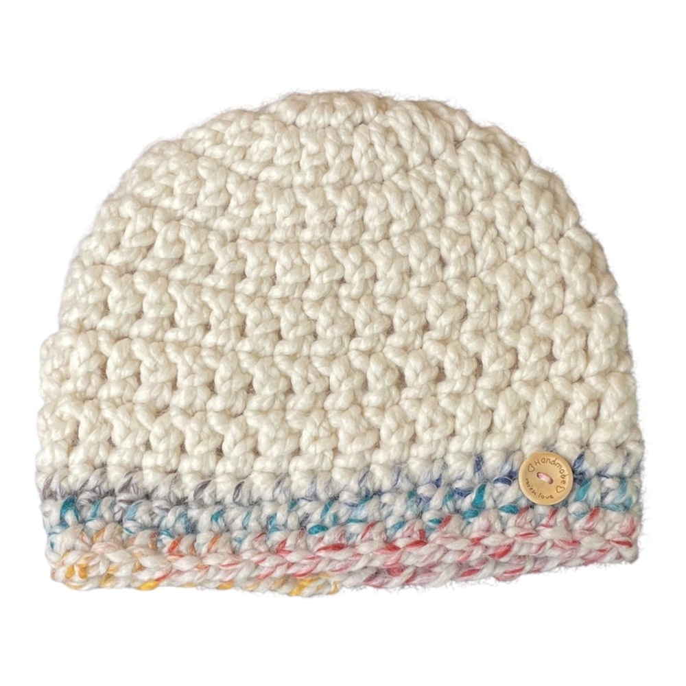 Handmade Crochet Beanie Hat Cream White Colorful‎ Accent Knit Winter Cap